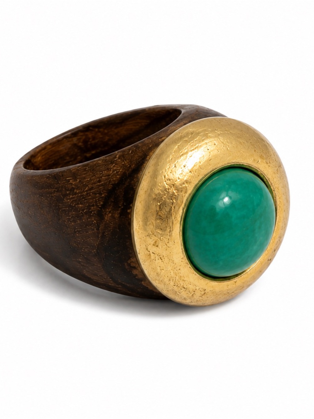 Wood Ring with Gold Disc and Turquoise Stone